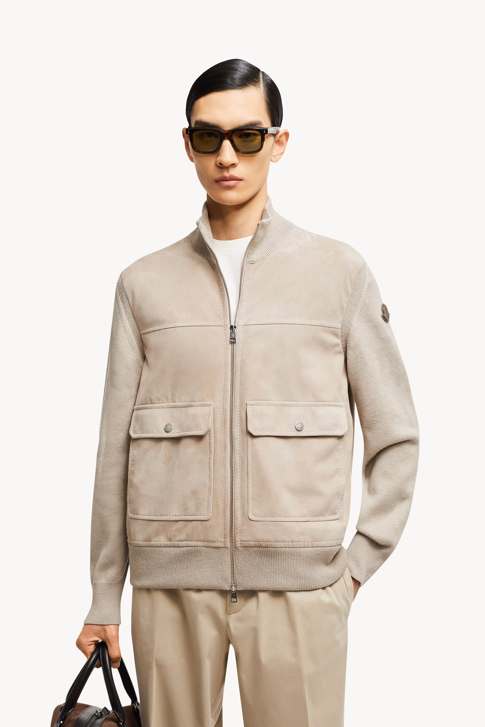 Cárdigan con cremallera de lana, algodón y ante Hombre Marrón Moncler 0